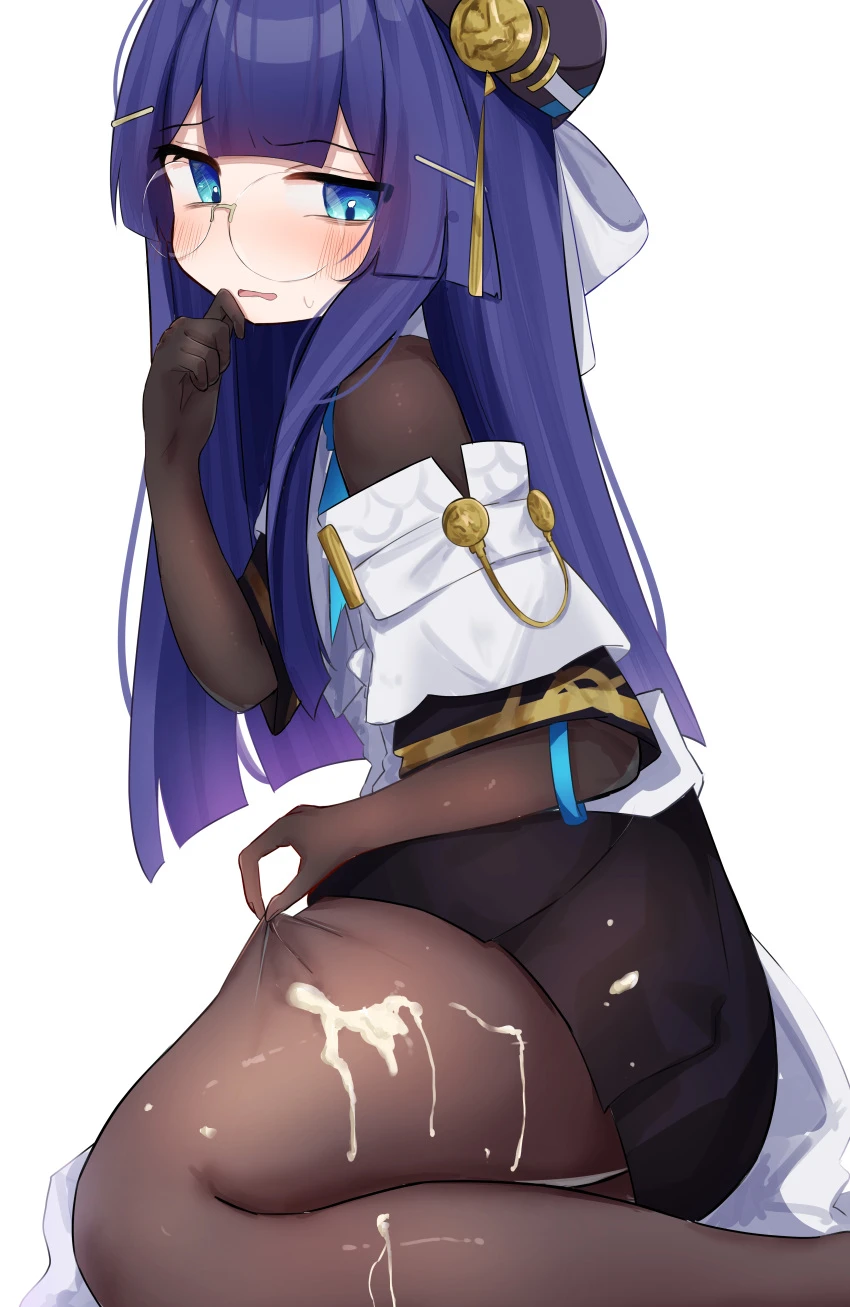 honkai (series), honkai: star rail, pela (honkai: star rail), 1girls, blue hair, blush, cum, cum on clothes, cum on leg, cum on lower body, cum on pantyhose, cum on thighs, female, flushed, fully clothed, glasses, hand to own mouth, pantyhose, skirt, thick thighs