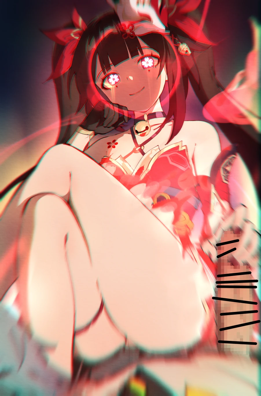 nashidrop, honkai (series), honkai: star rail, caelus (honkai: star rail), sparkle (honkai: star rail), trailblazer (honkai: star rail), 1boy, black choker, black gloves, breasts, choker, completely nude, dissolving clothes, female, flower tattoo, flower-shaped pupils, gloves, glowing, glowing eyes, grey hair, handjob, long hair, looking at viewer, mask, mask on head, nude, penis, pussy, small breasts, symbol-shaped pupils, tattoo, thighs, bar censor, censored, commentary, highres