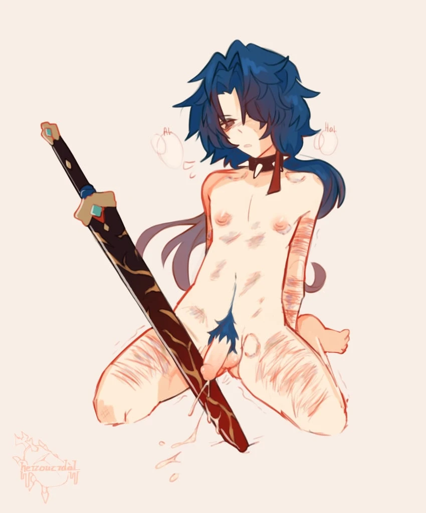 heizoucidal, honkai: star rail, hoyoverse, mihoyo, blade (honkai: star rail), 1boy, after masturbation, after orgasm, blade, emotionless, happy trail, heizousweat, long hair, nipples, objectophilia, panting, scars, scars all over, self harm, self harm scars, solo, solo focus, solo male, spiked collar, sword