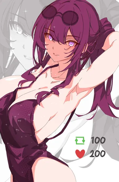 kiliosxt, honkai: star rail, kafka (honkai: star rail), 1girls, armpits, arms up, big breasts, dress, female, female only, looking at viewer, purple eyes, purple hair, red hair, sideboob, solo, sunglasses, sunglasses on head