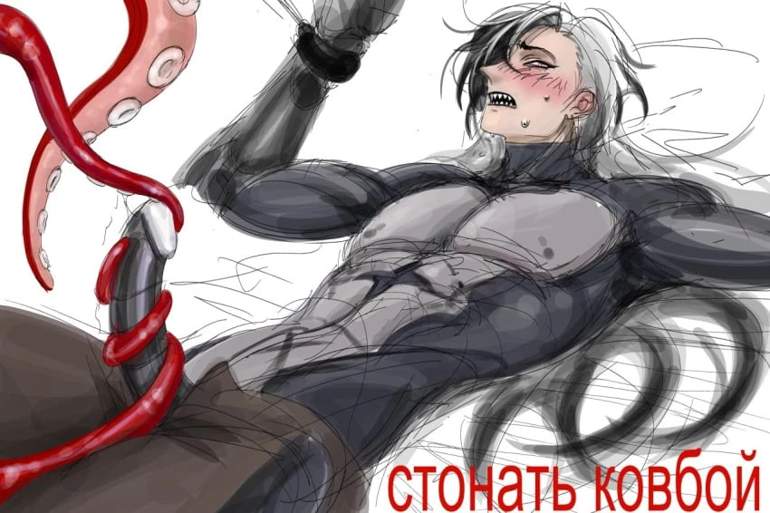 honkai: star rail, boothill (honkai: star rail), 1boy, 1male, blush, cowboy, cyborg, grey hair, long hair, male, male focus, male only, muscular, robot penis, tentacle, tentacle on male, tied up