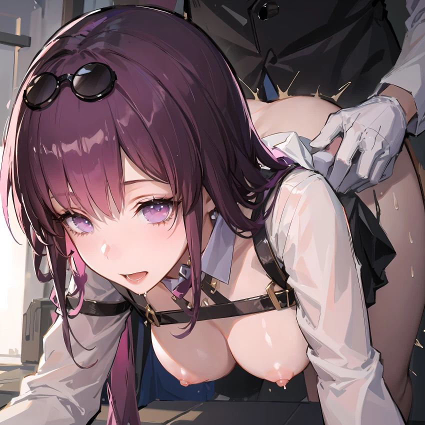 stable diffusion, honkai: star rail, kafka (honkai: star rail), eyewear on head, purple eyes, purple hair, sunglasses on head, ai generated, tagme