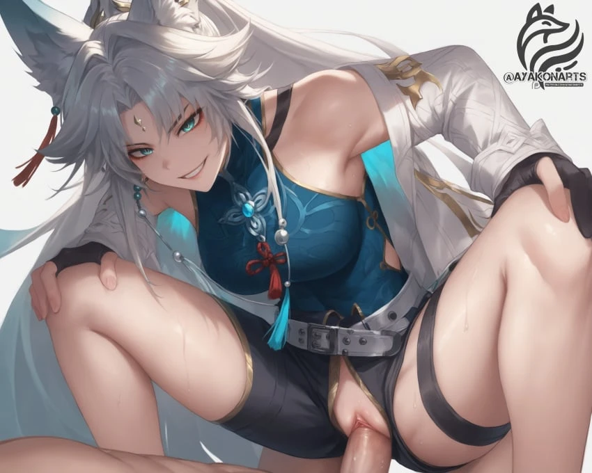 ayakonarts, honkai: star rail, mihoyo, feixiao (honkai: star rail), 1boy, 1girls, animal ears, blue eyes, cowgirl position, female, femdom, fox ears, fox girl, foxian, looking at partner, male, male/female, penis, pussy, riding, smile, squatting, vaginal penetration, white hair, ai generated