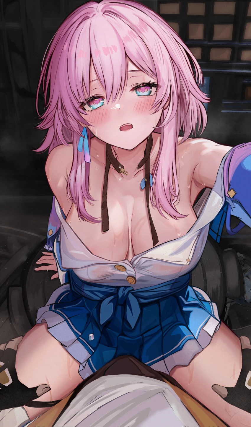 efuri (riarea00), honkai (series), honkai: star rail, caelus (honkai: star rail), march 7th (honkai: star rail), 1boy, armpits, bare shoulders, black choker, blue eyes, blush, breasts, choker, collarbone, earrings, female, fingerless gloves, gloves, heart, heart-shaped pupils, jacket, jewelry, large breasts, looking at viewer, medium hair, multicolored eyes, open mouth, pink hair, pov, saliva, shirt, skirt, straight, symbol-shaped pupils, thighs, white shirt, absurdres, highres