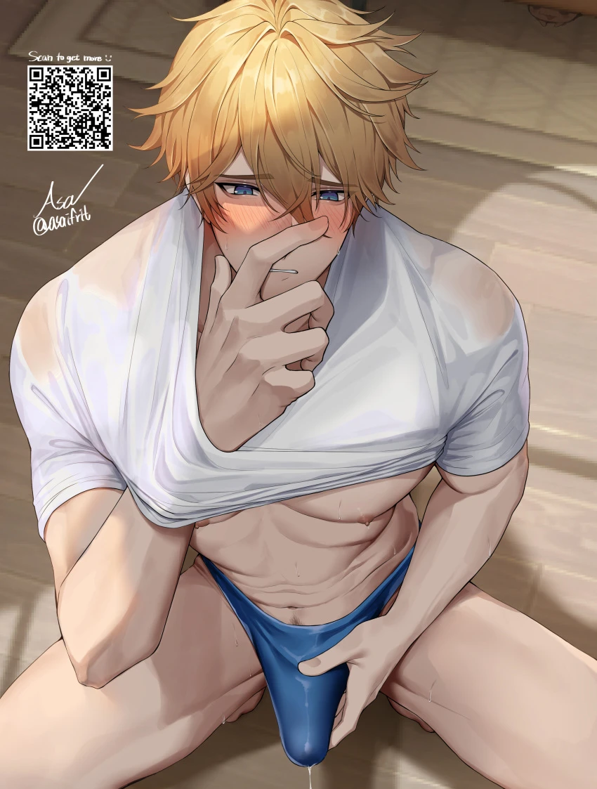 asaifrit, honkai: star rail, gepard (honkai: star rail), 1boy, abs, blonde hair, blush, boner, bulge, morning wood, muscular, muscular male, precum, precum drip, pubic hair, shirt lift, squatting