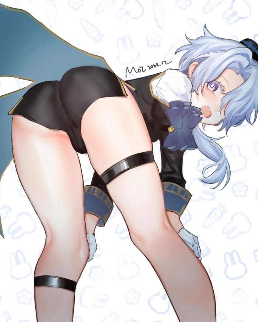 cutiendirty, honkai: star rail, misha (honkai: star rail), ass, ass focus, back view, blue hair, clothed, clothing, cute face, femboy, femboy focus, femboy only, feminine male, long hair, looking back, male, male focus, male only, open mouth, ponytail, pose, solo, solo focus, solo male, sugestive pose