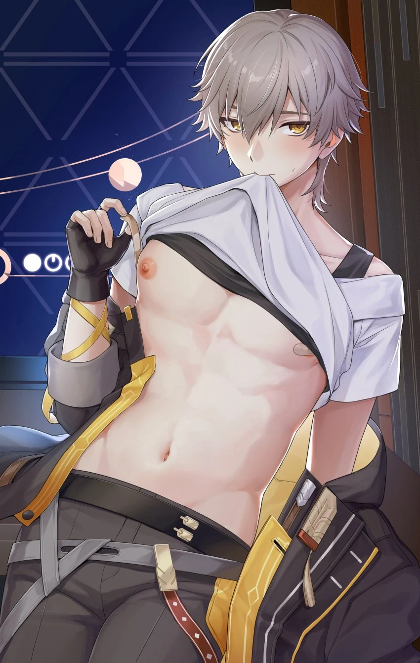 hachiten, honkai (series), honkai: star rail, caelus (honkai: star rail), trailblazer (honkai: star rail), 1boy, bandaid, bandaids on nipples, black gloves, black jacket, blush, brown pants, closed mouth, clothes lift, gloves, grey hair, jacket, male focus, navel, nipples, open clothes, open shirt, pants, pasties, shirt, shirt lift, short hair, stomach, white shirt, yellow eyes, absurdres, highres