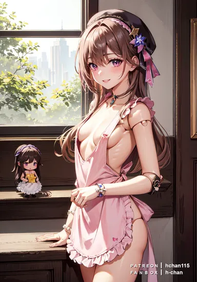 hchan115, honkai: star rail, herta (honkai: star rail), blush, brown hair, hat, looking at viewer, naked apron, puppet, purple eyes, smile, solo, solo female, ai generated