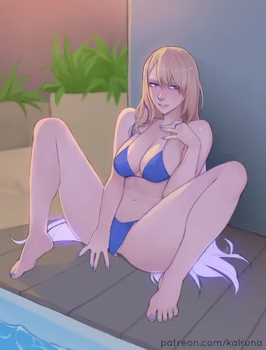 kalruna, honkai: star rail, serval landau, 1girls, bikini, bikini bottom, bikini top, blonde, blonde female, blonde hair, blue bikini, feet, legs, legs apart, looking away, swimsuit, toes