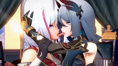 miruno (artist), honkai (series), honkai: star rail, hanya (honkai: star rail), topaz (honkai: star rail), 2girls, bags under eyes, blue eyes, french kiss, grey eyes, grey hair, hand on arm, hand on head, kissing, long hair, looking at viewer, short hair, tongue, tongue kiss, tongue out, white hair, 3d