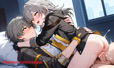 zenaai, honkai: star rail, patreon, caelus (honkai: star rail), stelle (honkai: star rail), 1boy, 1girls, ahe gao, ass, bed, bedroom, blush, cum, cumshot, grey hair, hug, open mouth, penis, riding penis, selfcest, sex, tongue, tongue out, ai generated