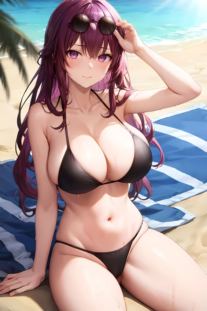 mimi ai, stable diffusion, honkai (series), honkai: star rail, kafka (honkai: star rail), bikini, curvaceous, curvy female, curvy figure, eyewear on head, female focus, female only, huge breasts, solo female, solo focus, sunglasses on head, voluptuous, voluptuous female, ai generated