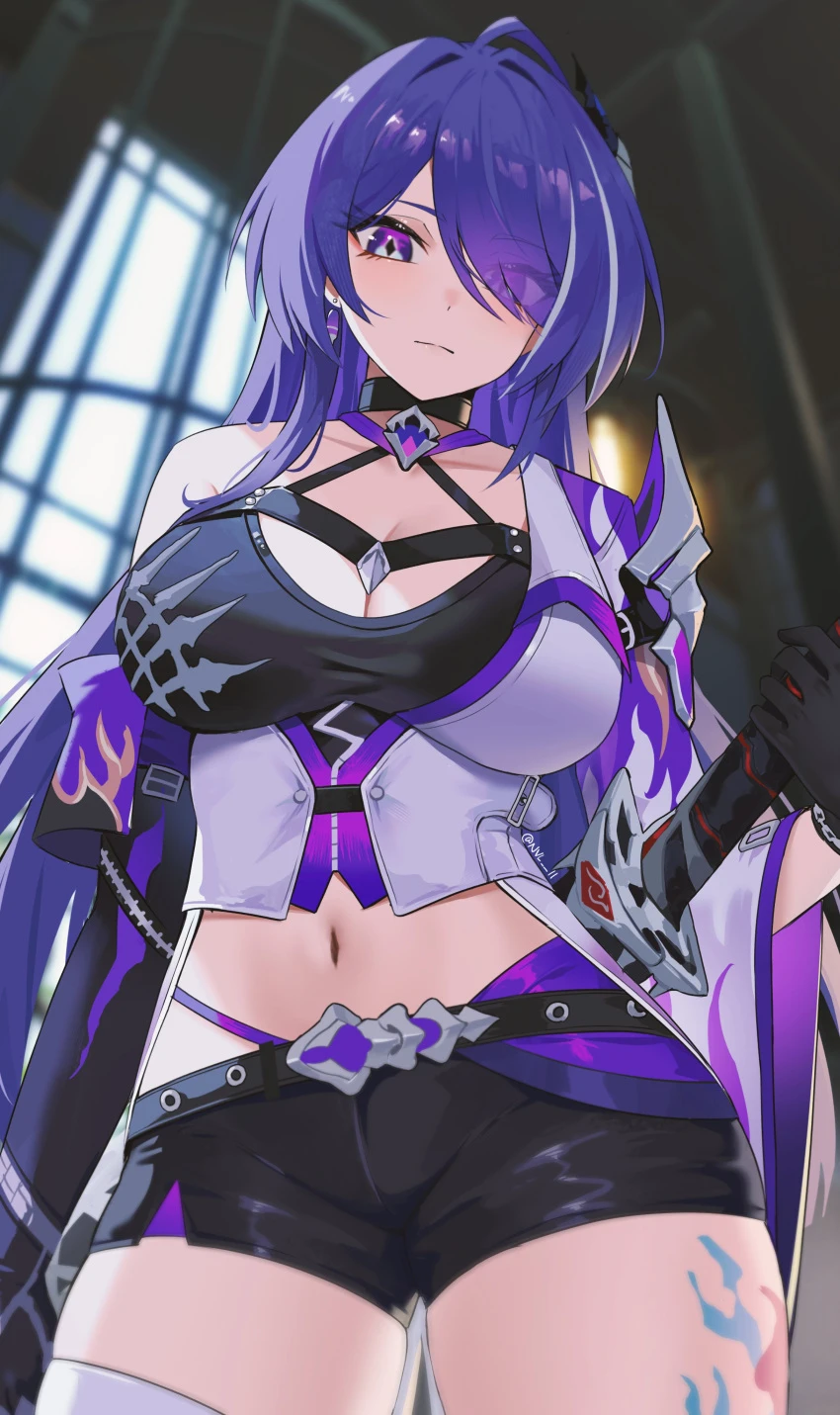 nvl, honkai (series), honkai: star rail, acheron (honkai: star rail), bare shoulders, belt, black shorts, blush, breasts, choker, cleavage, closed mouth, collarbone, earrings, female, hair over one eye, high ponytail, jewelry, large breasts, long hair, long sleeves, looking at viewer, midriff, navel, purple eyes, purple hair, short shorts, shorts, single bare shoulder, solo, sword, thick thighs, thighs, weapon, wide sleeves, absurdres, highres