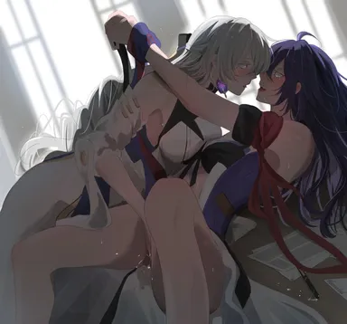 honkai (series), honkai: star rail, bronya rand, seele (honkai: star rail), :d, 2girls, ahoge, armband, bare shoulders, blush, breast press, breasts, detached sleeves, earrings, eye contact, face-to-face, feet out of frame, female ejaculation, fingering, from side, grey hair, hair between eyes, jewelry, kaosmccloud, large breasts, long hair, long sleeves, looking at another, multiple girls, nose blush, open mouth, own hands together, purple eyes, purple hair, purple scarf, purple shirt, pussy juice, red armband, saliva, saliva trail, scarf, shirt, sleeveless, sleeveless shirt, smile, spread legs, tears, teeth, upper teeth only, white shirt, white sleeves, yuri, english text, highres, profile