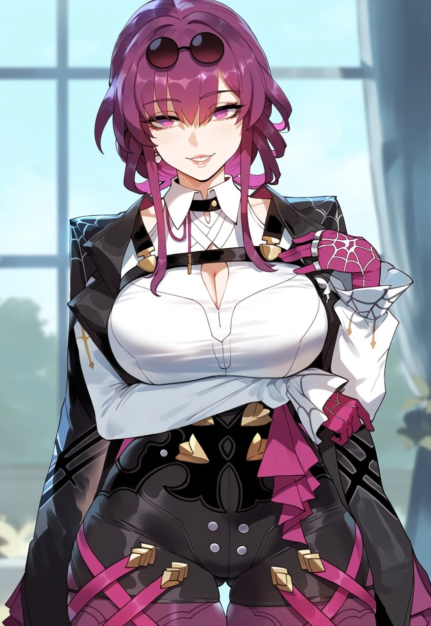 creamy ai, honkai: star rail, kafka (honkai: star rail), cleavage cutout, curvy, high-waist shorts, jacket, large breasts, narrow waist, pantyhose, purple eyes, purple hair, purple pantyhose, shirt, thick thighs, white shirt, wide hips, ai generated