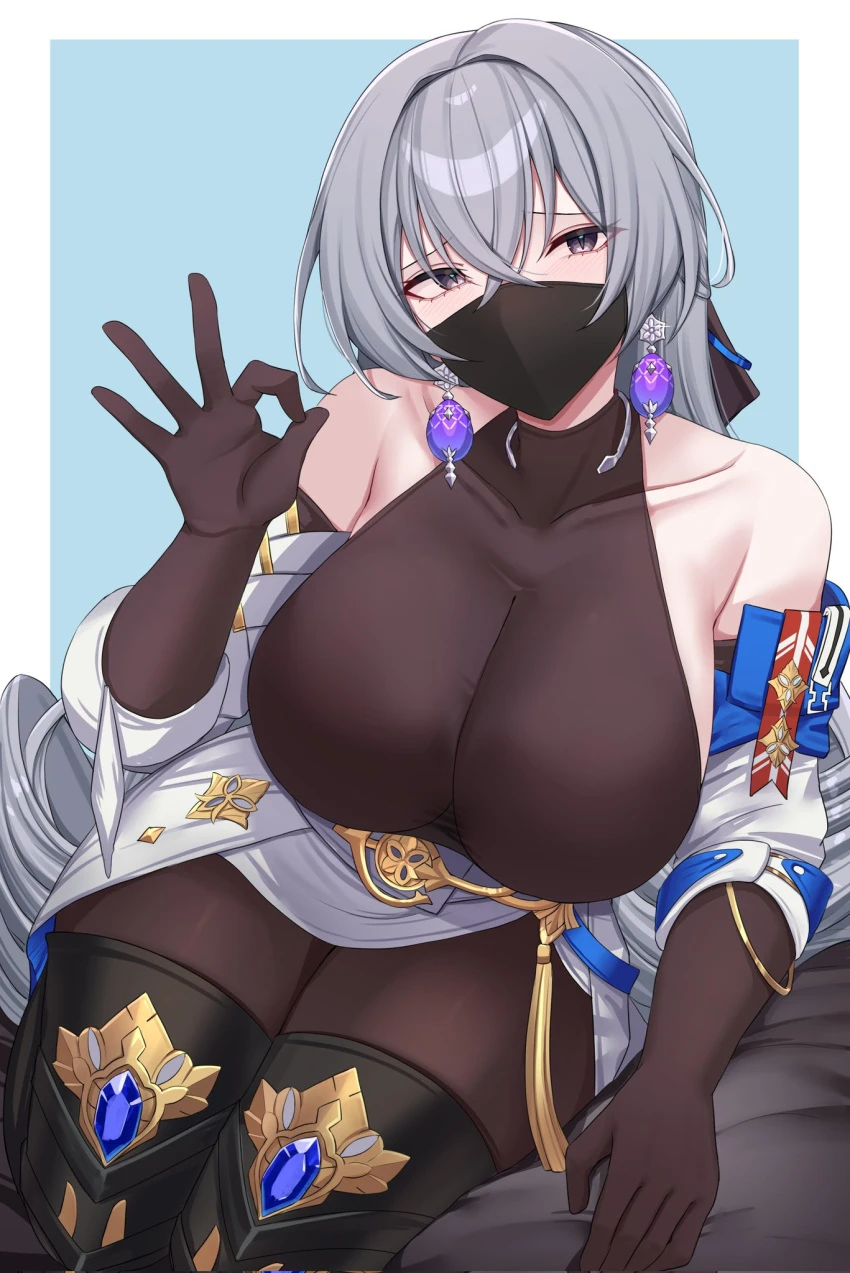 kanta (kanta 077), honkai: star rail, bronya rand, 1girls, bodystocking, boots, cleavage, earrings, gloves, grey eyes, grey hair, large breasts, mask, thighhigh boots