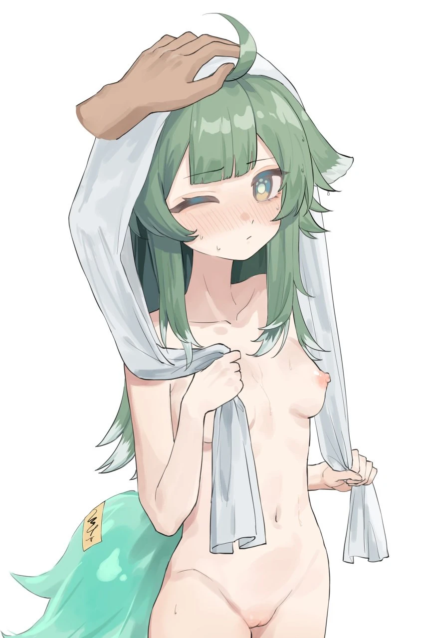 honkai (series), honkai: star rail, huohuo (honkai: star rail), 1other, ahoge, animal ears, blush, breasts, closed mouth, completely nude, cowboy shot, disembodied hand, female, fox ears, fox girl, fox tail, green eyes, green hair, headpat, long hair, looking at viewer, navel, nipples, nude, one eye closed, pussy, small breasts, solo focus, tail, towel, towel on head, user awny2723, wet, absurdres, highres, simple background, uncensored, white background