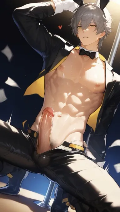 honkai: star rail, caelus (honkai: star rail), abs, chest, nipples, open shirt, penis out, stipper pole, waiter, ai generated