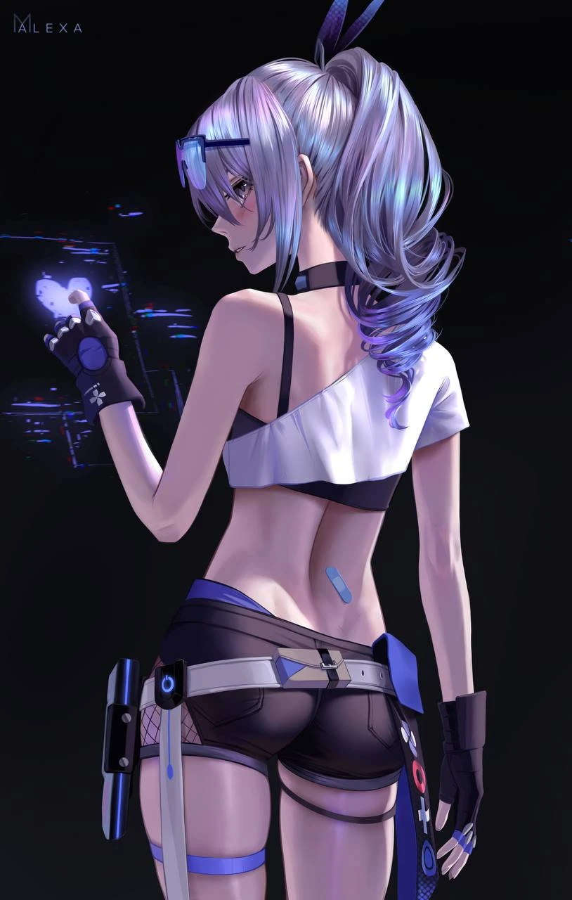 m alexa, honkai (series), honkai: star rail, silver wolf (honkai: star rail), 1girls, bandaid, blush, choker, crop top, eyewear on head, gloves, hacking, heart, looking at viewer, looking back, ponytail, short shorts, silver eyes, silver hair, sunglasses on head, tight clothing, 2d