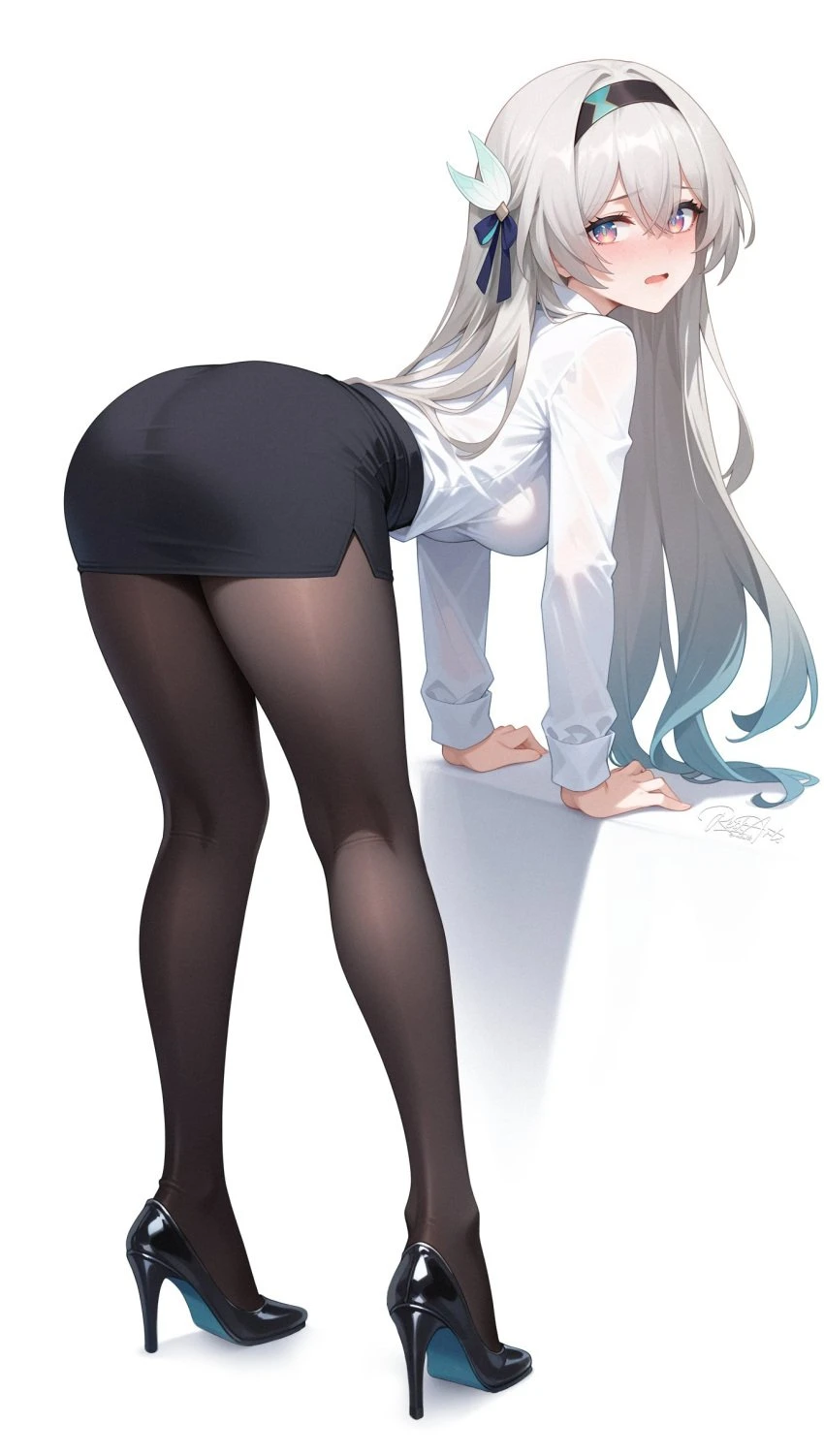 honkai: star rail, firefly (honkai: star rail), 1girls, alternate costume, ass., bent over, blush, breasts, dat ass, embarrassed, fully clothed, high heels, legs, long sleeves, looking at viewer, office lady, pantyhose, purple eyes, round ass, round butt, silver hair, highres