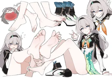 lan mao akko, honkai (series), honkai: star rail, firefly (honkai: star rail), :), 1girls, bare legs, barefoot, blush, cute, embarrassed, exposed feet, eyelashes, feet, female, female only, flustered, foot fetish, foot focus, grey hair, hairband, head tilt, legs, legs up, light-skinned female, long hair, looking at viewer, mole, mole under eye, nervous, peace sign, purple eyes, shoes removed, sitting, smile, smiling, soles, solo, toenail polish, uniform, v, v sign, wavy mouth, white background, highres