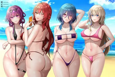 d.d.g, ddg3420, honkai (series), honkai: star rail, himeko (honkai: star rail), kafka (honkai: star rail), natasha (honkai: star rail), serval landau, 4girls, alternate costume, areola slip, back, beach, bikini, blonde hair, breasts, cleavage, covered nipples, eyepatch bikini, eyewear on head, g-string, light purple hair, mole, mole under mouth, multiple girls, navel, outdoors, red hair, side-tie bikini bottom, sideboob, slingshot swimsuit, stomach, string bikini, swimsuit, t-back, thong, thong bikini, underboob, absurdres, commentary, english commentary, facebook logo, facebook username, highres, pixiv logo, pixiv username, self-upload, twitter logo, twitter username