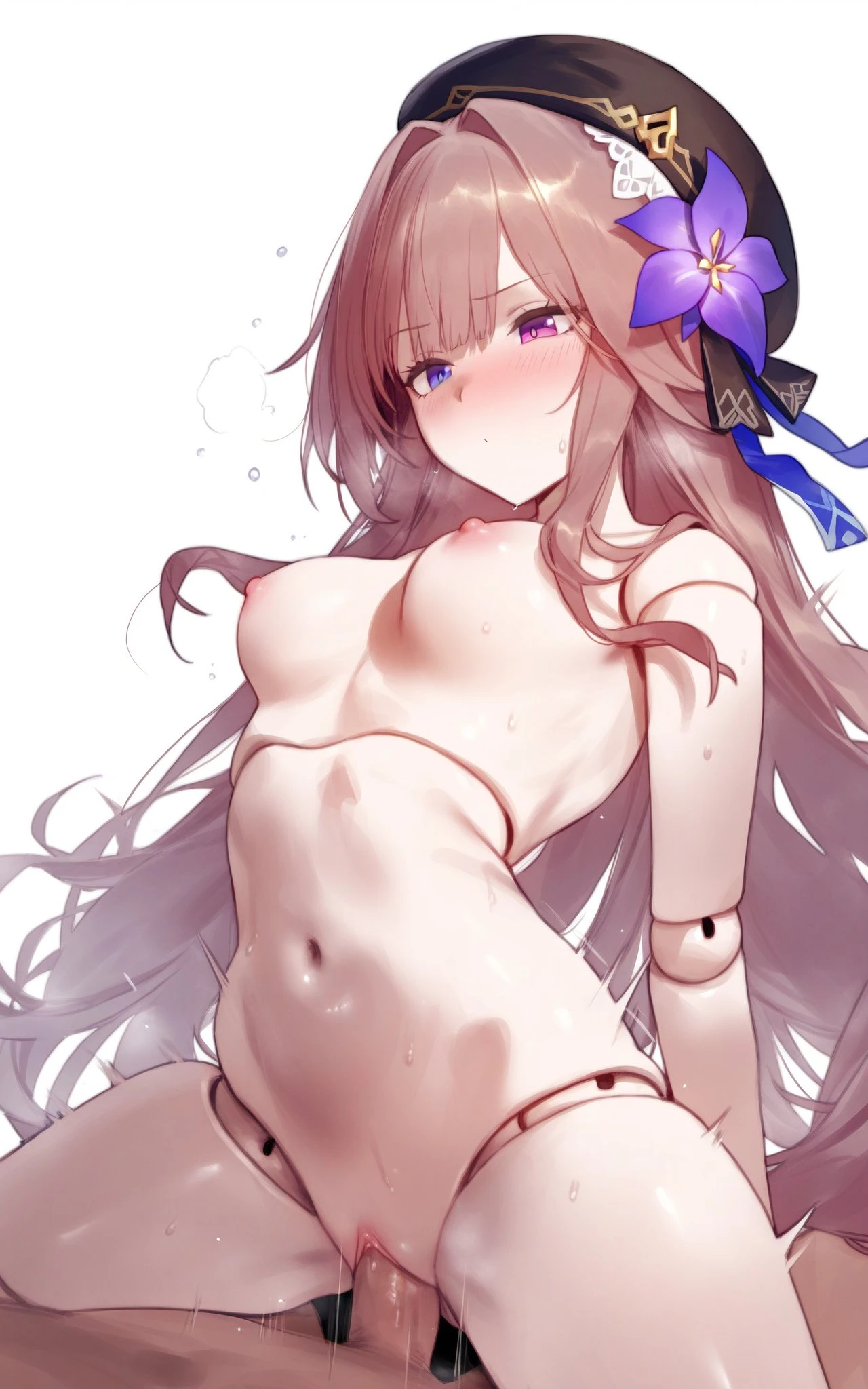 setsuaiart, honkai: star rail, herta (honkai: star rail), bare arms, bare belly, bare legs, bare shoulders, bare thighs, belly button, blush, breasts, brown hair, completely nude, cowgirl position, doll, doll joints, flower in hair, hat, heterochromia, long hair, medium breasts, nipples, nude, parted lips, pussy, sex, spread legs, sweat, sweaty body, thighs, visible breath, ai generated