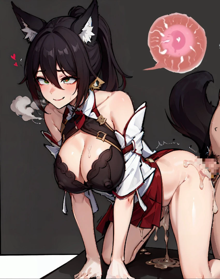 miyaki, honkai (series), honkai: star rail, tingyun (honkai: star rail), 1boy, 1girls, ahe gao, animal ear fluff, animal ears, bare shoulders, black hair, breasts, cum, cum in pussy, cum inside, doggy style, dripping cum, fox ears, fox girl, fox tail, green eyes, hair ornament, heavy breathing, impregnation, kneeling, nipples visible through clothing, simple background, smile, 2023, ai generated, hi res