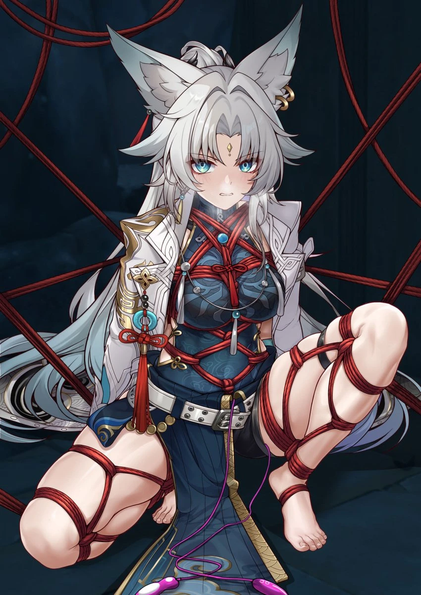 yiduan zhu, honkai (series), honkai: star rail, feixiao (honkai: star rail), 1girls, angry, angry face, animal ears, arms behind back, barefoot, bondage, bondage gear, fox ears, fox girl, kemonomimi, kneeling, light skin, light-skinned female, long hair, looking at viewer, mad, ponytail, rope, sex toy, solo, tied, tied up, vibrator, vibrator in pussy, white hair, 2024, hi res