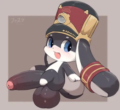 fisuku, honkai: star rail, mihoyo, pom-pom (honkai: star rail), balls, black penis, blush, blush lines, bodily fluids, genital fluids, genitals, lagomorph, leporid, male, mammal, penis, precum, rabbit, simple background, solo, hi res