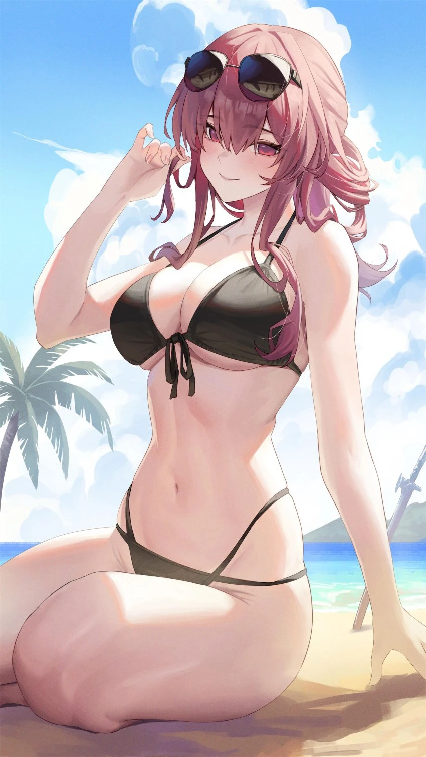 honkai (series), honkai: star rail, kafka (honkai: star rail), 1girls, bare legs, barefoot, beach, bikini, cloud, katana, kneeling, large breasts, looking at viewer, navel, ocean, palm tree, sand, sitting, sky, smile, sunglasses, sunglasses removed, swimsuit