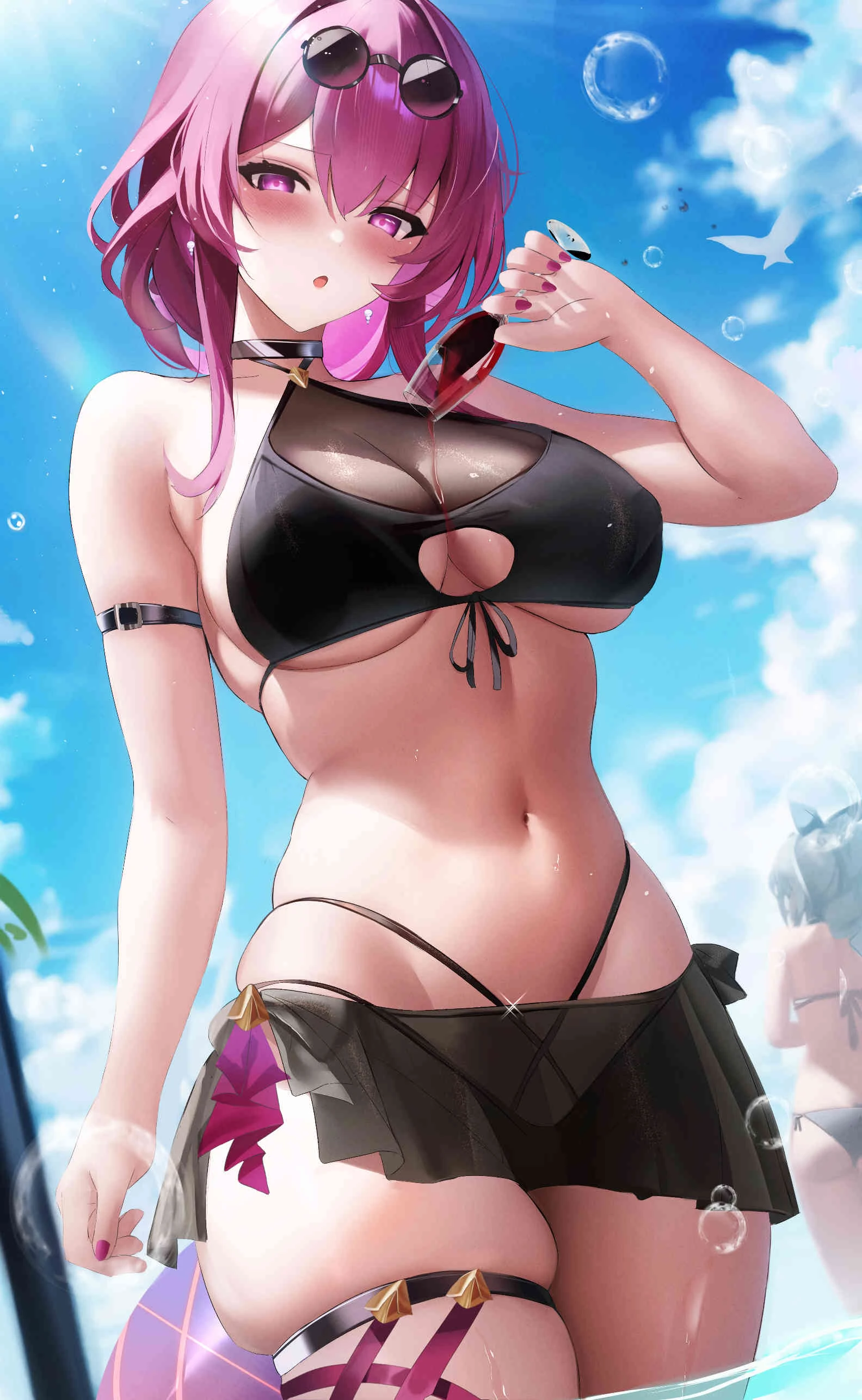 fantongjun, honkai: star rail, kafka (honkai: star rail), silver wolf (honkai: star rail), 2girls, big breasts, bikini, blush, choker, eyewear on head, female, female only, glasses, glasses on head, large breasts, looking at viewer, nail polish, navel, outdoors, outside, purple eyes, purple hair, sky, swimsuit, thick, thick thighs, thigh strap, voluptuous