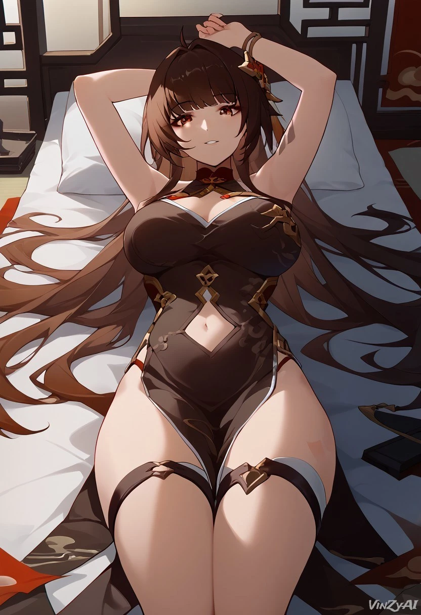 vinzyai, honkai: star rail, lingsha (honkai: star rail), big breasts, breasts, cleavage, cowboy shot, dress, female, long hair, smile, thigh strap, thighs, ai generated, hi res