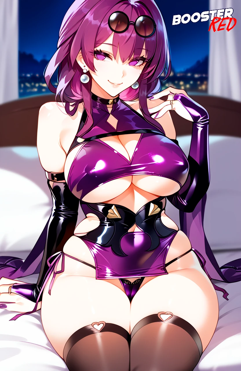 boosterred99, honkai: star rail, kafka (honkai: star rail), 1girls, bed, bedroom, black stockings, bodycon, bridal gauntlets, cleavage cutout, curvy, dress, earrings, high-waist shorts, large breasts, miniskirt, purple eyes, purple hair, purple pantyhose, pussy, seductive smile, shirt, side-tie panties, sideboob, sitting, sitting on bed, smile, stockings, thick thighs, thighs, underboob, white shirt, wide hips, ai generated