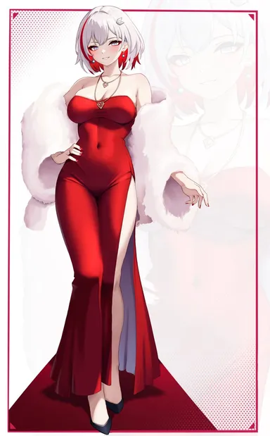 yan kodiac, honkai (series), honkai: star rail, topaz (honkai: star rail), 1girls, bare shoulders, cutout, female, female focus, female only, fur coat, large breasts, light skin, light-skinned female, long dress, looking at viewer, necklace, red dress, seductive, seductive look, seductive smile, short hair, silver hair, smile, smiling, smiling at viewer, thigh cutout, tight clothes, tight clothing, tight dress, white hair, tagme