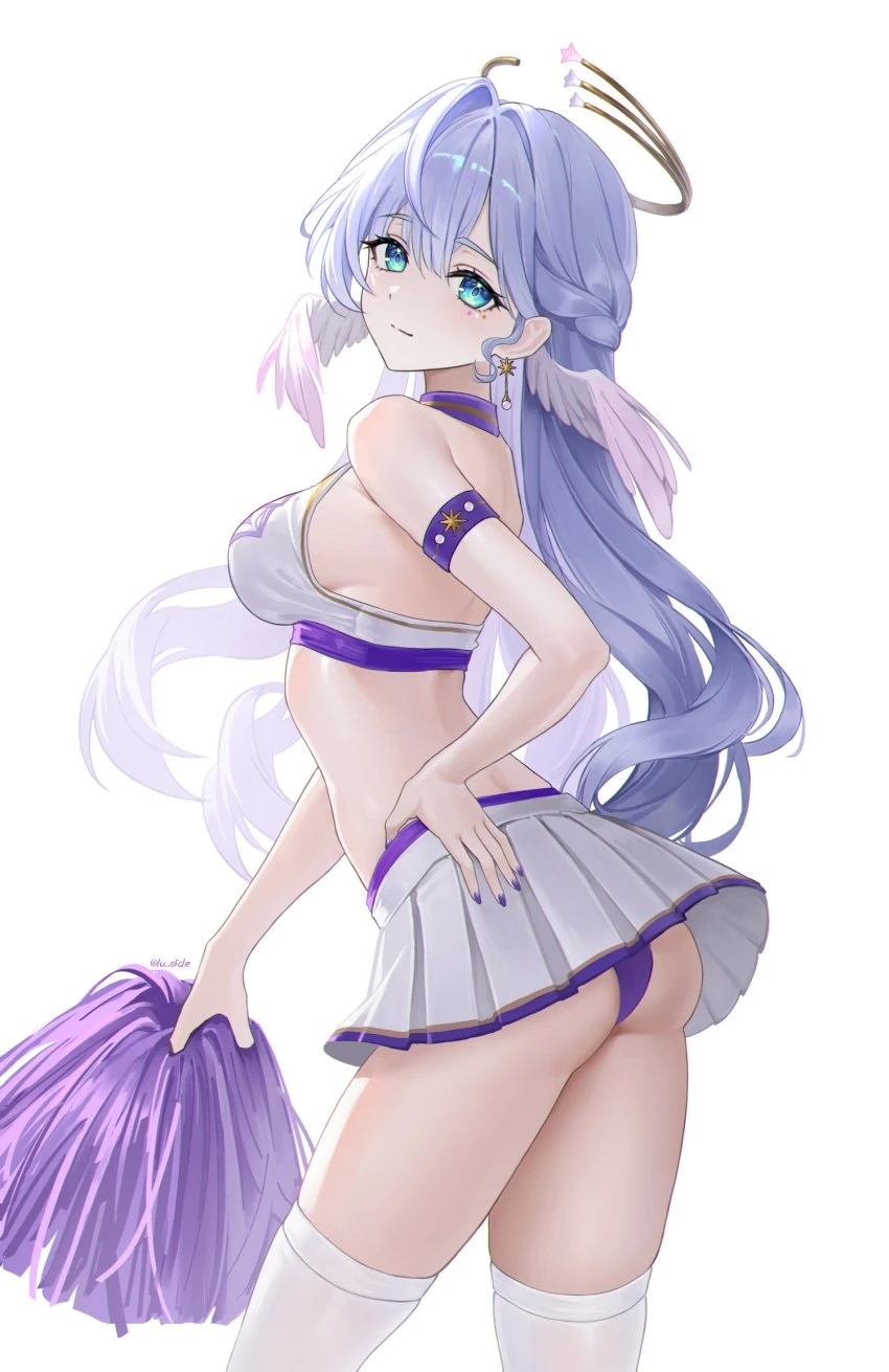 honkai: star rail, robin (honkai: star rail), 1girls, angel halo, angel wings, arched back, ass, blue hair, cheerleader, cheerleader outfit, cheerleader uniform, earrings, emerald eyes, green eyes, large breasts, long hair, looking at viewer, panties, pom poms, short skirt, sports bra, thighhighs, thighs, wings on head