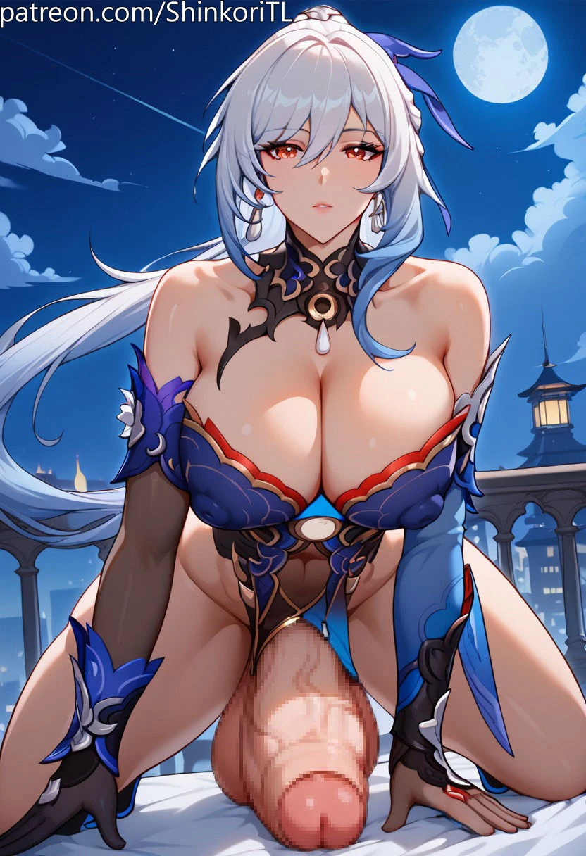 shinkoritl, honkai (series), honkai: star rail, hoyoverse, jingliu (honkai: star rail), 1futa, 1futanari, all fours, big ass, big balls, big breasts, big butt, big nipples, big penis, blue hair, bracelet, breasts, choker, detached sleeves, dress, earrings, erect nipples, erect penis, erection, exposed penis, expressionless, foreskin, futa only, futanari, gloves, hair, hair between eyes, hair ornament, hair ribbon, high ponytail, huge balls, huge breasts, huge cock, huge nipples, jewelry, large breasts, large penis, long gloves, long hair, looking at viewer, motion lines, multicolored hair, navel, nipples, penis, ponytail, puffy nipples, red eyes, sidelocks, solo, solo focus, solo futa, spread legs, thick thighs, toned, toned futa, veiny penis, white hair, wide hips, ai generated