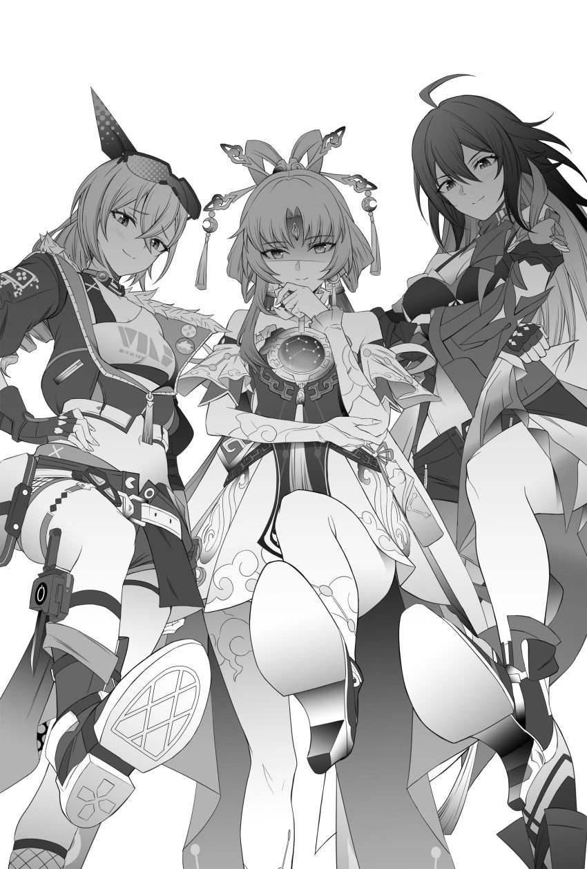 takai isshiki, honkai: star rail, fu xuan (honkai: star rail), seele (honkai: star rail), silver wolf (honkai: star rail), 3girls, ahoge, bare shoulders, blush, boots, breasts, clothed, clothing, cropped jacket, crossed arms, dominant female, dress, feet, female, female only, femdom, fingerless gloves, footwear, forehead jewel, from below, gloves, hair, hair between eyes, hair ornament, high heels, jacket, leg up, long hair, long sleeves, looking at viewer, medium breasts, multiple girls, one leg up, pleasure face, shoes, short shorts, shorts, simple background, small breasts, smile, smug, standing, standing on one leg, thick thighs, thighs, unbuttoned shorts, unzipped jacket, white background, monochrome