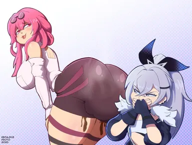 protorepulsive, repulsiveproto, honkai (series), honkai: star rail, kafka (honkai: star rail), silver wolf (honkai: star rail), 2girls, ass, bent over, big ass, big butt, glasses, glasses on head, grey eyes, intentional soiling, looking back, open mouth, pink eyes, pink hair, scat, shitting, shitting self, shorts, silver hair, smile, soiling, soiling clothing, thick thighs, yuri, why