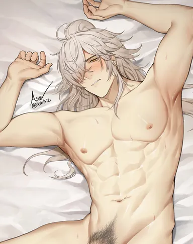 asaifrit, honkai: star rail, jing yuan, 1boy, abs, bed, bedsheets, blush, long hair, looking down, muscular, muscular male, naked, pubic hair, white hair