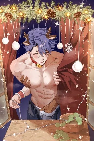 christmas, honkai: star rail, sampo (honkai star rail), abs, christmas decorations, gay, grabbing chest, grabbing pecs, hand in pants, male, male focus, male only, open pants, pecs, pectorals, reindeer antlers, shirtless, solo, solo focus, solo male, touching chest, underwear, yaoi