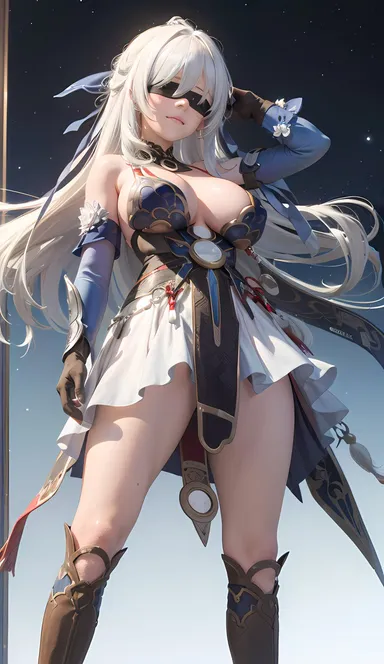 cortezian generations, honkai (series), honkai: star rail, hoyoverse, mihoyo, patreon, jingliu (honkai: star rail), 1girls, bare shoulders, big breasts, blindfold, boots, cleavage, clothing, dress, female, gloves, huge breasts, long hair, night sky, solo, stars, thick thighs, thighs, white hair, ai generated, hi res