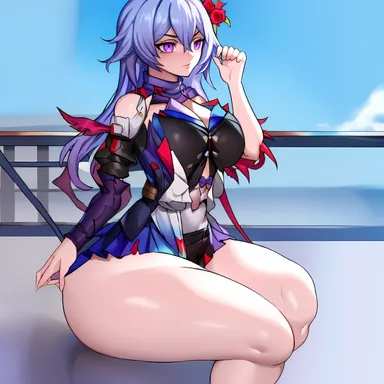 honkai (series), honkai: star rail, hoyoverse, mihoyo, seele (honkai: star rail), bare shoulders, big breasts, huge ass, huge thighs, light blue hair, purple eyes, scarf, shorts, tagme