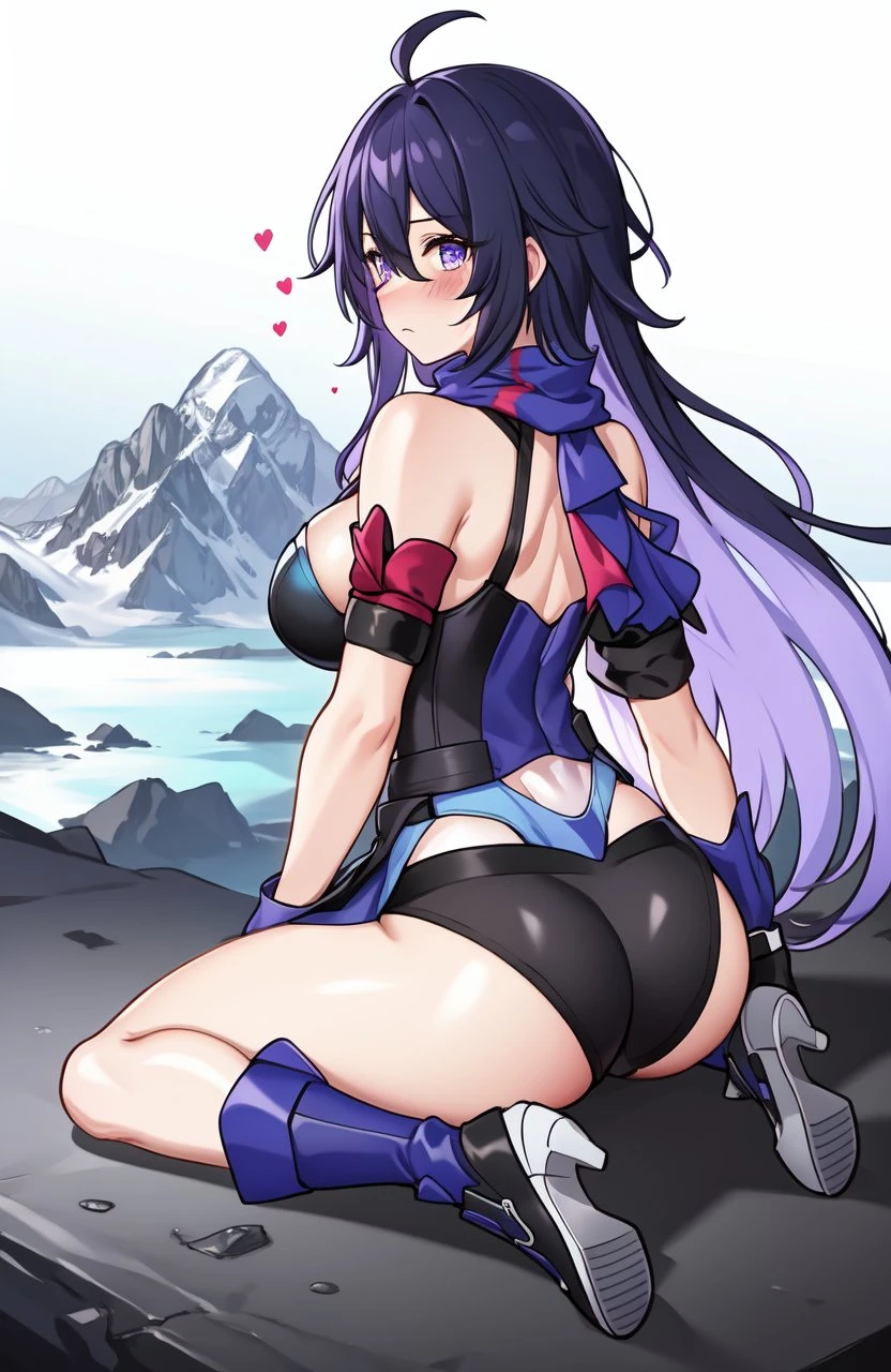 honkai: star rail, seele (honkai: star rail), 1girls, ass, big ass, big breasts, long hair, panties, purple eyes, purple hair, scarf, ai generated