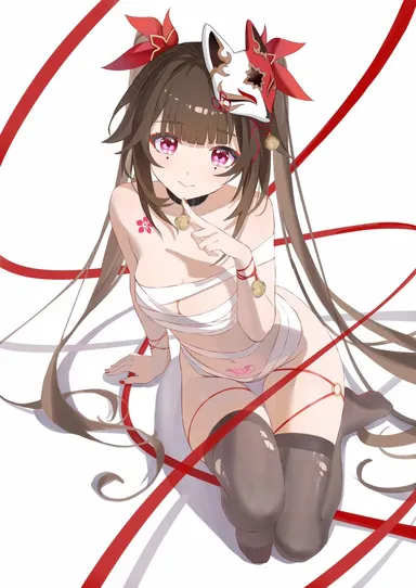 blhazx, honkai (series), honkai: star rail, sparkle (honkai: star rail), 1girls, arm at side, arm support, bandages, bell, black choker, black thighhighs, blunt bangs, blush, bow, breasts, brown hair, butterfly-shaped pupils, choker, cleavage, drop shadow, eyelashes, eyeshadow, female, female only, finger to own chin, fox mask, from above, full body, hairbow, hand up, index finger raised, jingle bell, knee up, large breasts, lips, long hair, looking at viewer, makeup, mask, mask on head, nail polish, naked ribbon, neck bell, no shoes, o-ring, parted lips, pubic tattoo, red bow, red eyes, red nails, red ribbon, ribbon, sarashi, sidelocks, simple background, sitting, skindentation, smile, solo, straight hair, symbol-shaped pupils, tattoo, thick eyebrows, thigh gap, thighhighs, thighs, torn clothes, torn thighhighs, tsurime, twintails, very long hair, white background, absurdres, chinese commentary, commentary request, highres, partial commentary