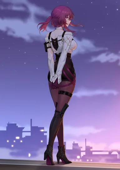 yunkaiming, honkai (series), honkai: star rail, kafka (honkai: star rail), arms behind back, back view, earrings, full body, fully clothed, high heels, jewelry, looking at viewer, looking back, purple eyes, purple hair, sunglasses, thigh strap