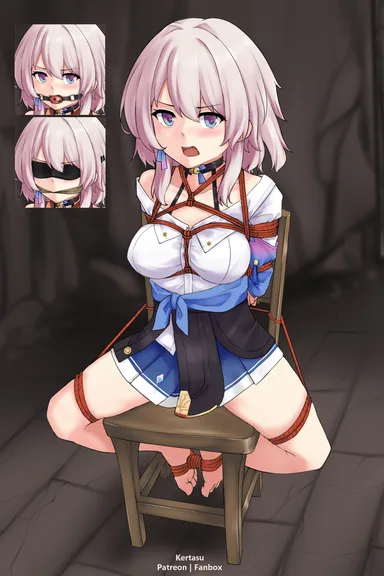 honkai (series), honkai: star rail, march 7th (honkai: star rail), ball gag, blindfold, bondage, chair, chair bondage, gag, pink hair, red rope, tied up