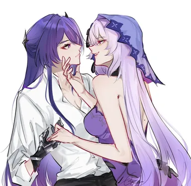 glaciel0602, honkai (series), honkai: star rail, hoyoverse, acheron (honkai: star rail), black swan (honkai: star rail), dress, formal, formal wear, hair accessory, hand on ass, holding chin, holding hands, looking at each other, purple dress, purple eyes, purple hair, smile, suit, veil, white shirt, yuri, watermark