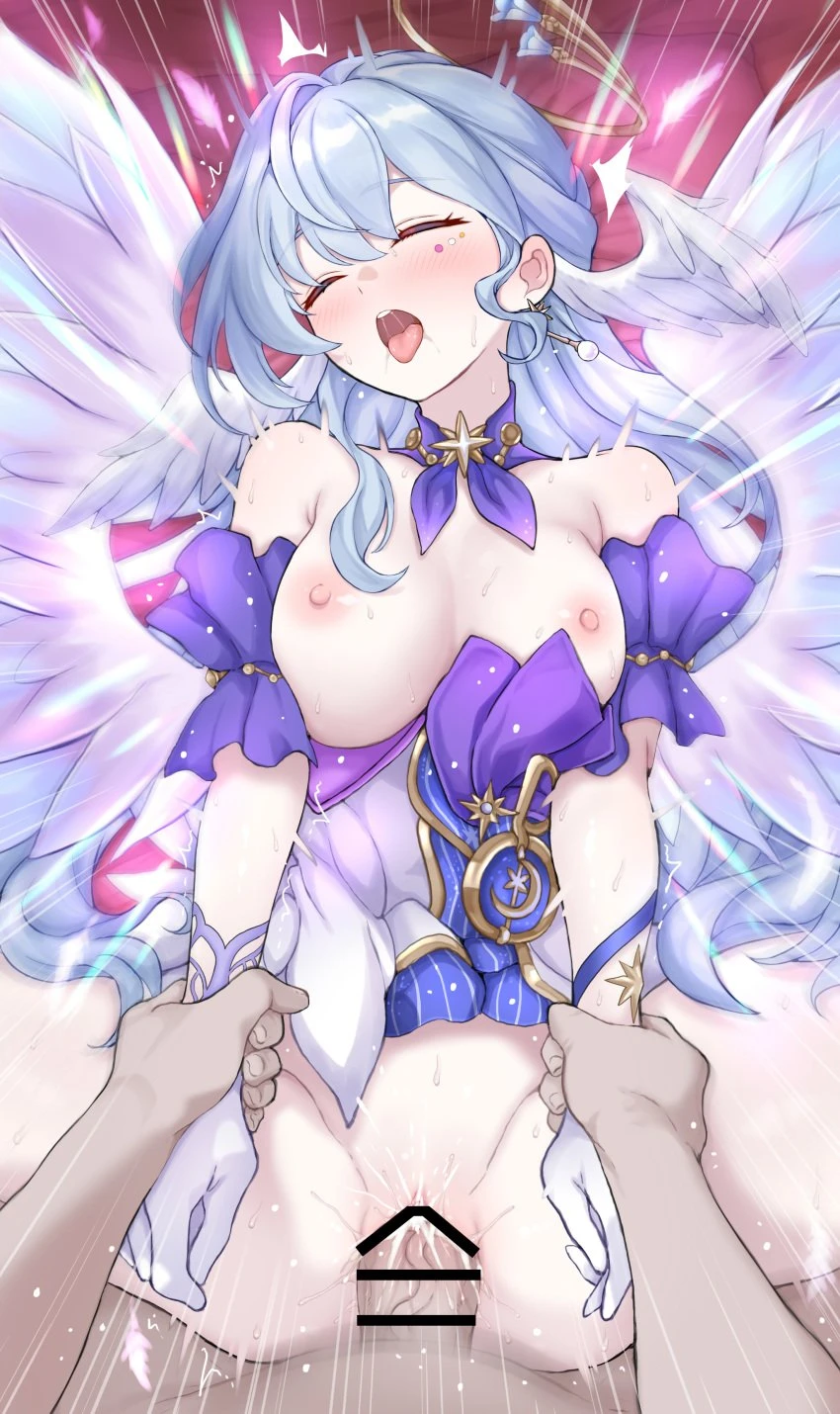 daram (shappydude), honkai (series), honkai: star rail, robin (honkai: star rail), 1boy, bare shoulders, blue hair, blush, breasts, closed eyes, cum, cum in pussy, detached sleeves, earrings, ejaculation, facial mark, female, female orgasm, gloves, glowing, halo, happy sex, head wings, holding another's arm, jewelry, long hair, medium breasts, missionary, motion lines, nipples, on bed, open mouth, orgasm, pillow, pov, pussy, pussy juice, saliva, single earring, straight, sweat, tongue, tongue out, very long hair, white gloves, wings, absurdres, bar censor, censored, highres