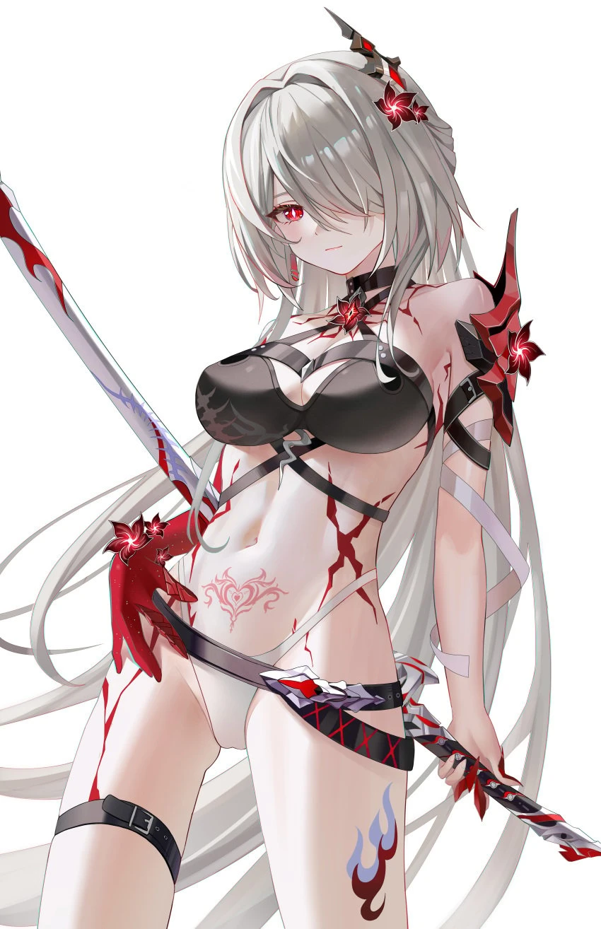 blhazx, honkai (series), honkai: star rail, acheron (honkai: star rail), bare shoulders, belt, black belt, black choker, breasts, choker, cleavage, cowboy shot, female, flower, grey hair, hair flower, hair intakes, hair ornament, hair over one eye, halterneck, holding, holding sword, holding weapon, large breasts, leg tattoo, long hair, looking at viewer, midriff, navel, official alternate color, pubic tattoo, red eyes, red flower, scabbard, sheath, sheathed, simple background, solo, standing, stomach, sword, tattoo, thigh strap, thighs, very long hair, weapon, white background, absurdres, chinese commentary, commentary request, highres, revision